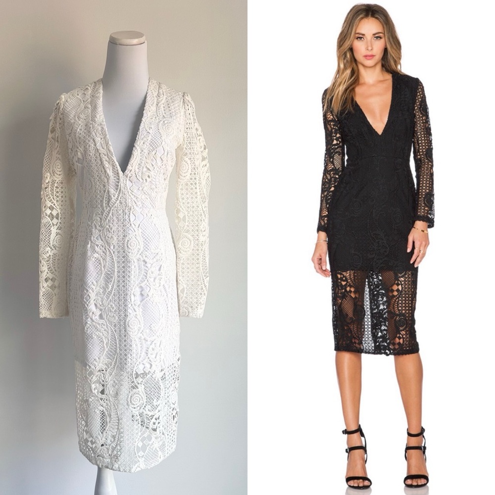 NICHOLAS Fleur Deep V White Long Sleeve Lace Midi Dress